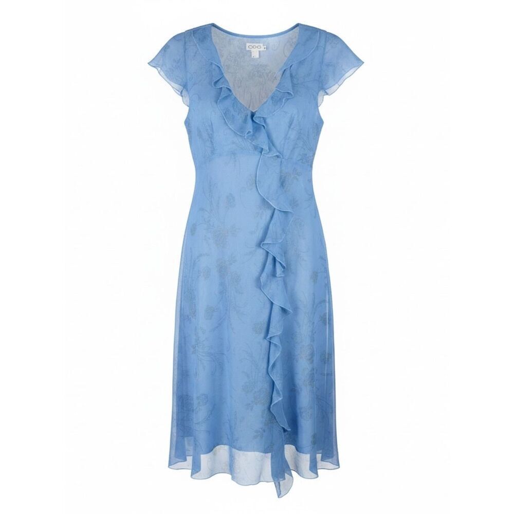 Women’s 14 Blue Floral Ruffle Chiffon Dress Midi Sheer Fit Flare Y2K Babydoll
